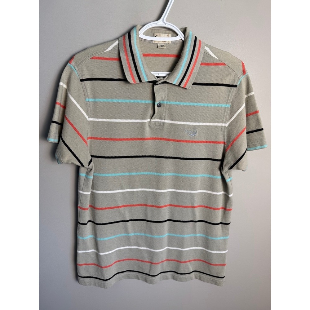Crocodile Mens Tan Striped Polo Shirt M Preppy Coastal Casual